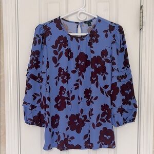 Ann Taylor Floral Blue and Purple Top with 3/4 Puff Sleeves. EUC